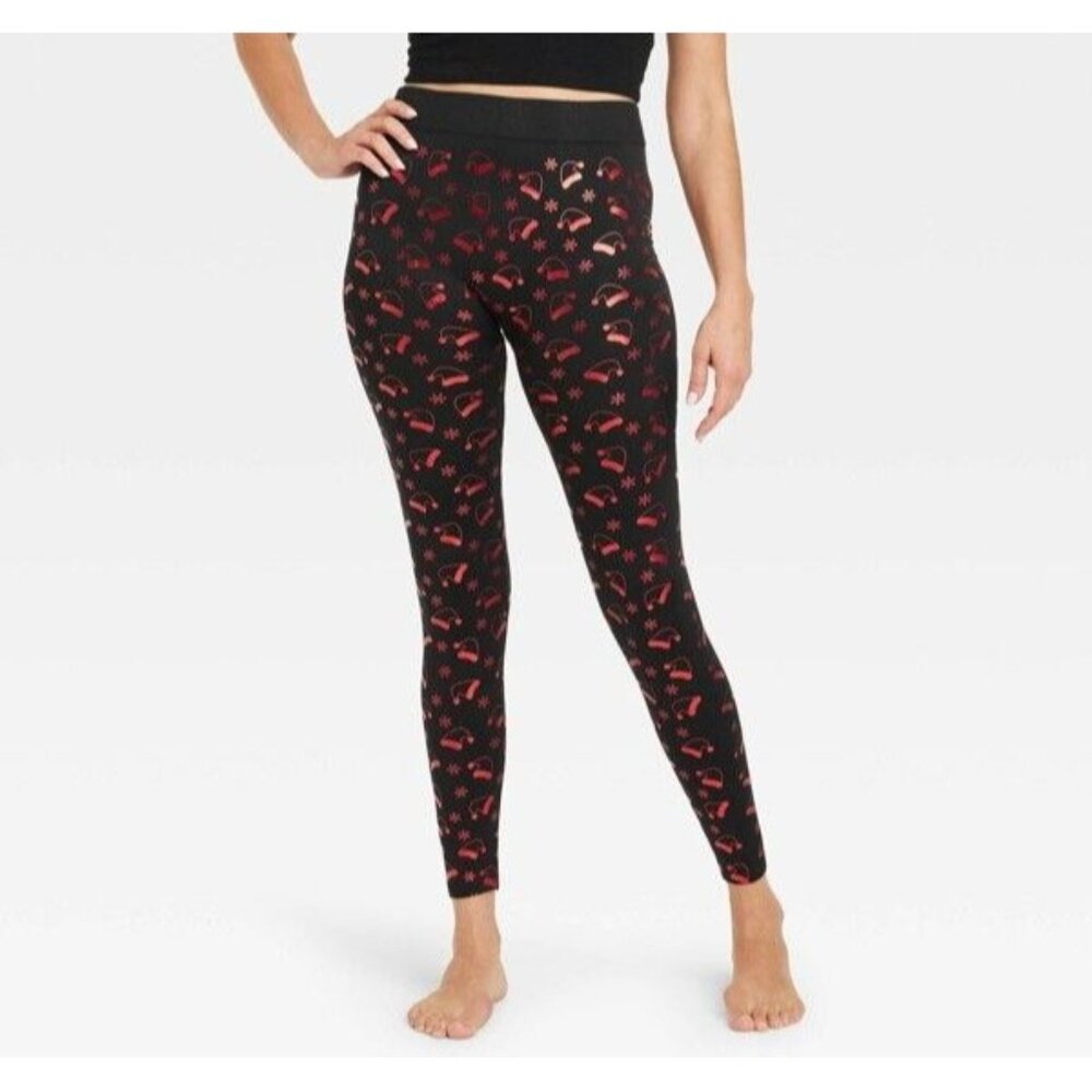 Wondershop Women's Foil Print Santa Hats Seamless Fleece Lined Leggings L/XL